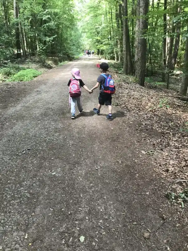 kinder laufen auf dem walderlebnispfad